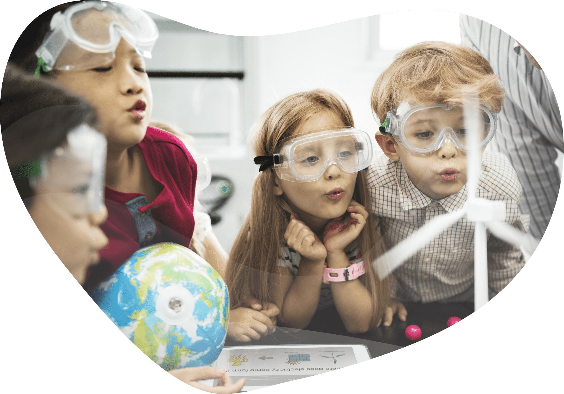 Children wearing science goggles